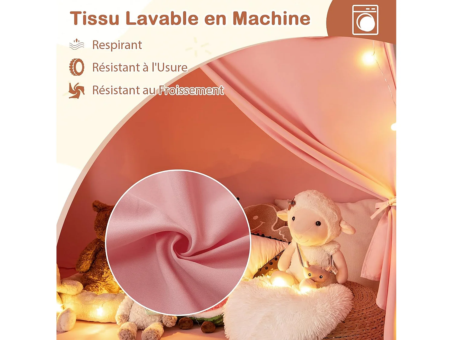 Tente de Jeux Enfant Princesse Rose 157x98x148cm avec Guirlandes Lumineuses & Drapeaux