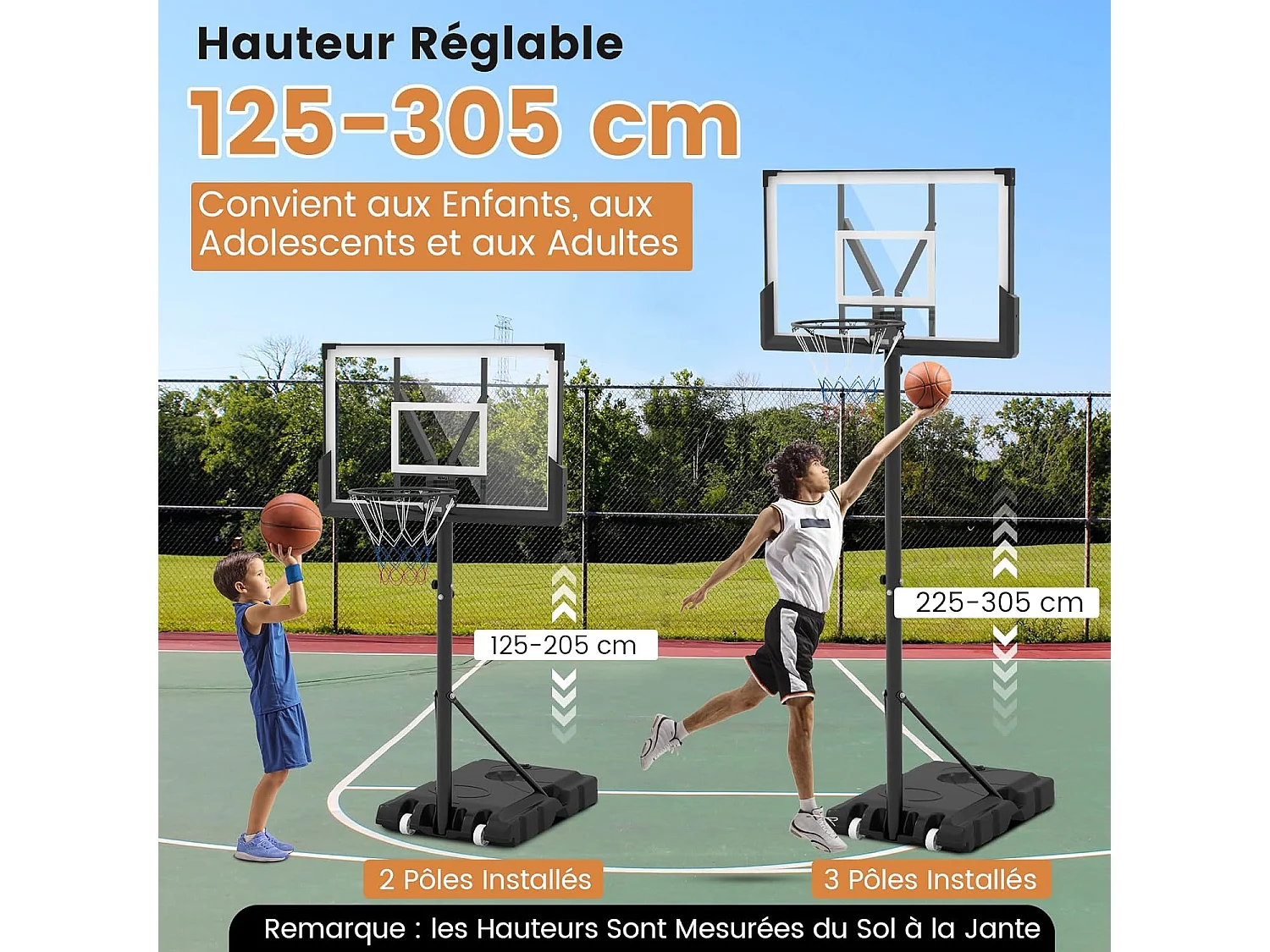 Panier de Basket-Ball Hauteur Réglable 125-305 cm, Panneau Incassable, Base Robuste, Roues - Pour Enfants et Adultes
