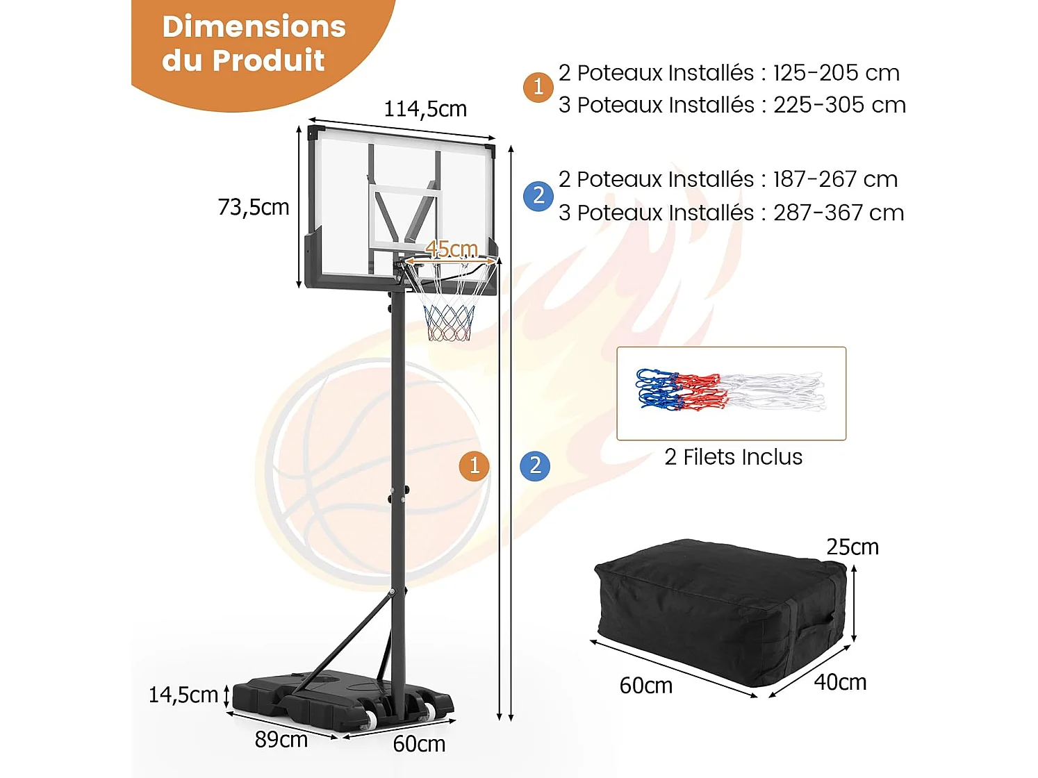 Panier de Basket-Ball Hauteur Réglable 125-305 cm, Panneau Incassable, Base Robuste, Roues - Pour Enfants et Adultes