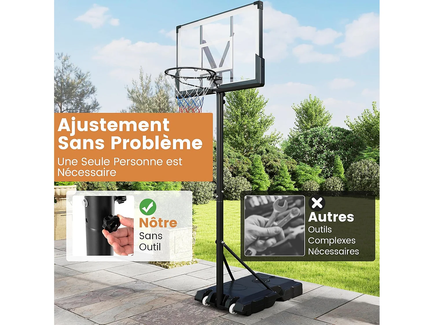 Panier de Basket-Ball Hauteur Réglable 125-305 cm, Panneau Incassable, Base Robuste, Roues - Pour Enfants et Adultes