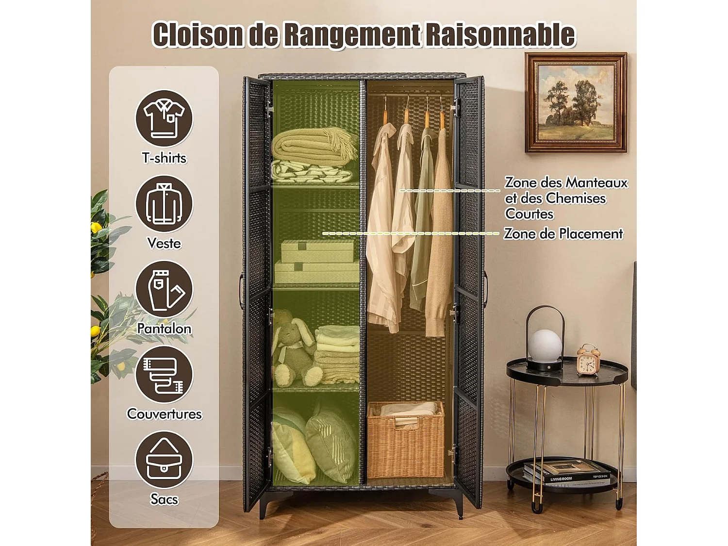 Armoire de Rangement en Osier PE avec Tringle Penderie - Design Élégant et Multifonctionnel
