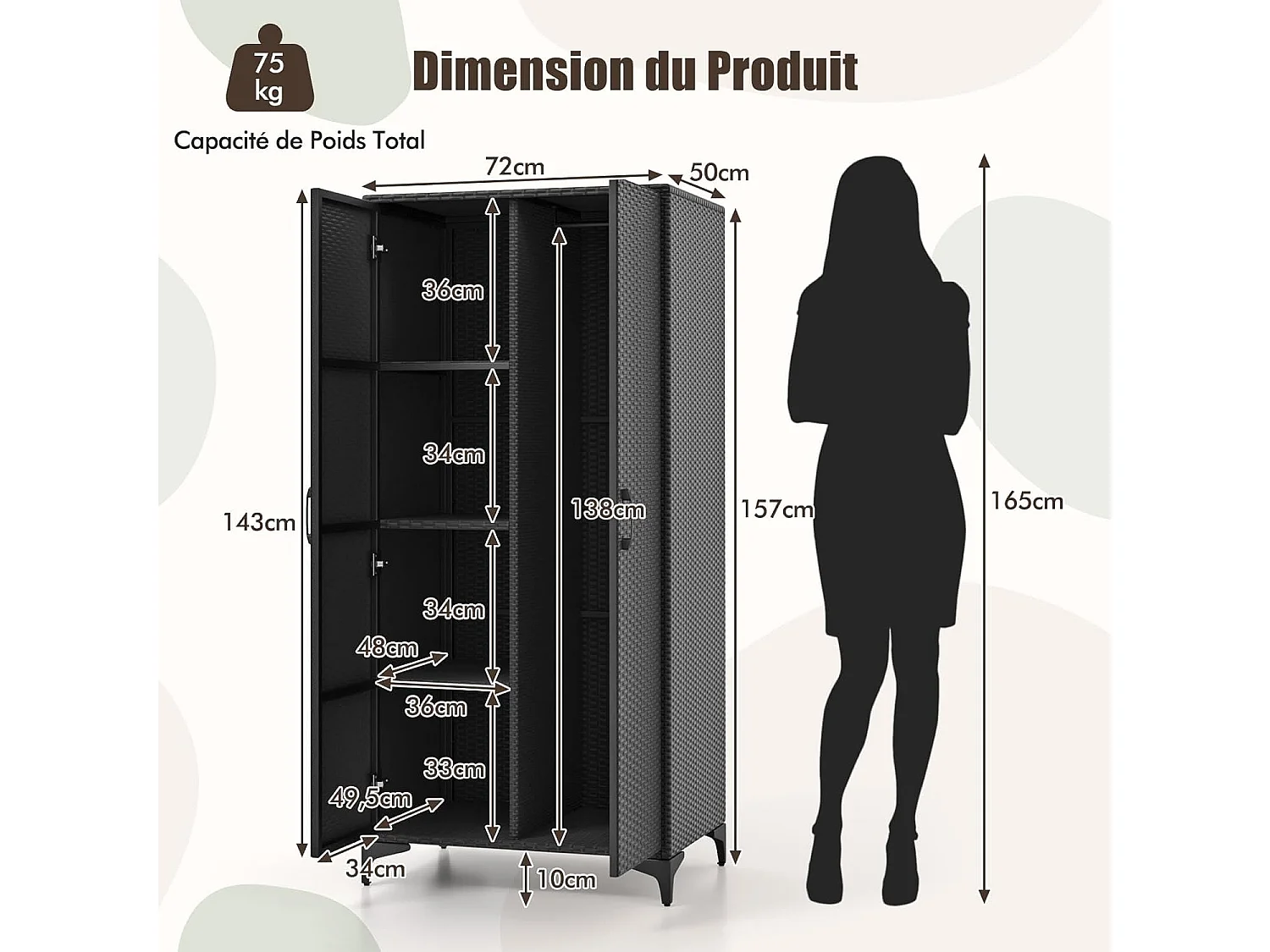 Armoire de Rangement en Osier PE avec Tringle Penderie - Design Élégant et Multifonctionnel