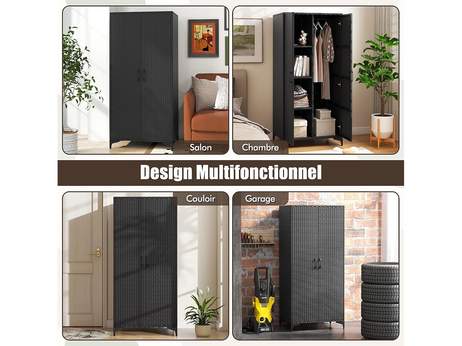 Armoire de Rangement en Osier PE avec Tringle Penderie - Design Élégant et Multifonctionnel
