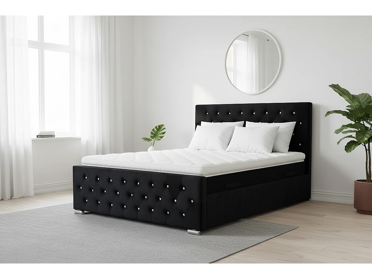 Lit 2 places 140x190 cm velours noir sommier inclus PRESTIGE