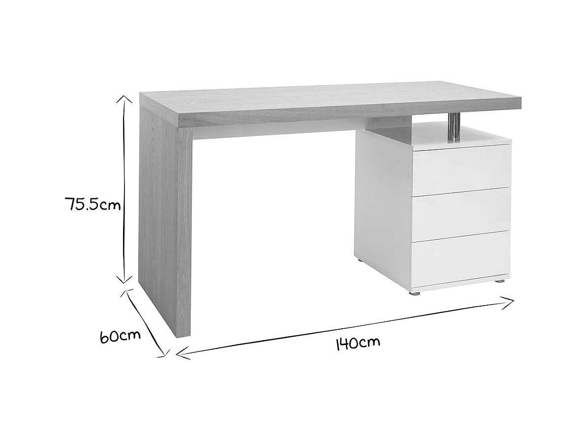 Bureau avec rangements 3 tiroirs design bois clair chêne et blanc L140 cm CALIX