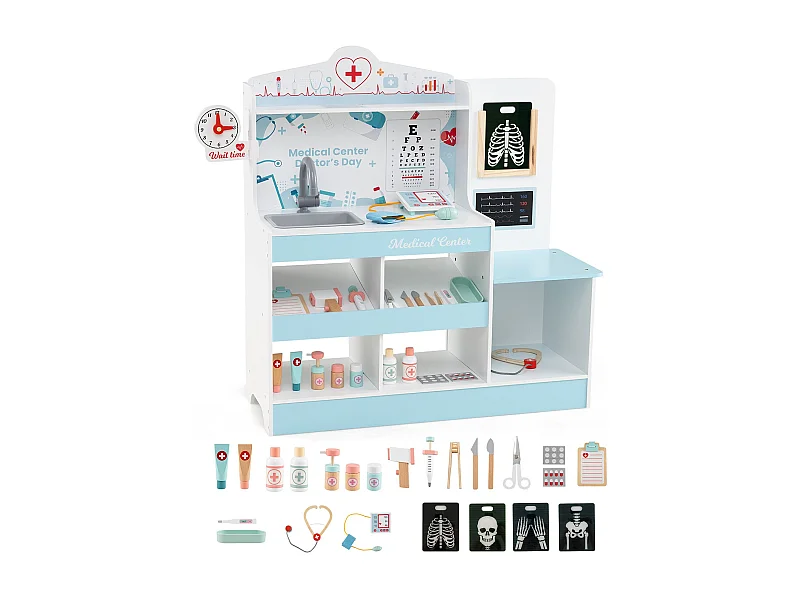 Holz-Doktor-Spielset medizinisches Zentrum für Kinder mit Uhr Waschbecken Sehtesttafel EKG-Monitor Blau