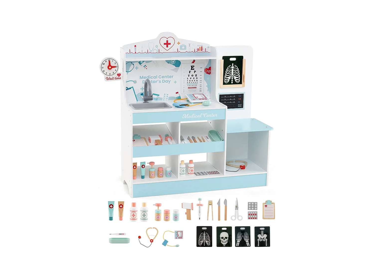 Holz-Doktor-Spielset medizinisches Zentrum für Kinder mit Uhr Waschbecken Sehtesttafel EKG-Monitor Blau