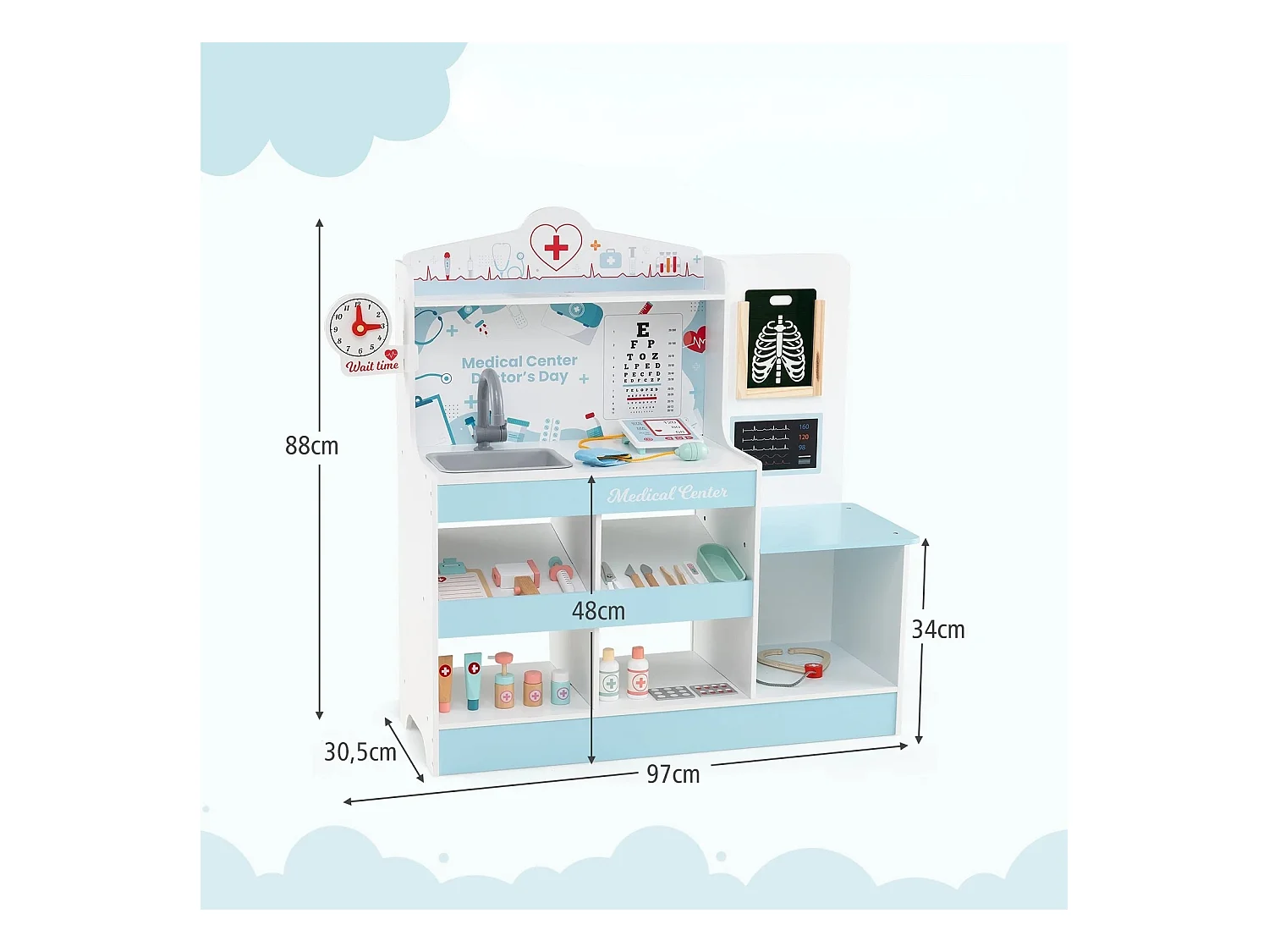 Holz-Doktor-Spielset medizinisches Zentrum für Kinder mit Uhr Waschbecken Sehtesttafel EKG-Monitor Blau