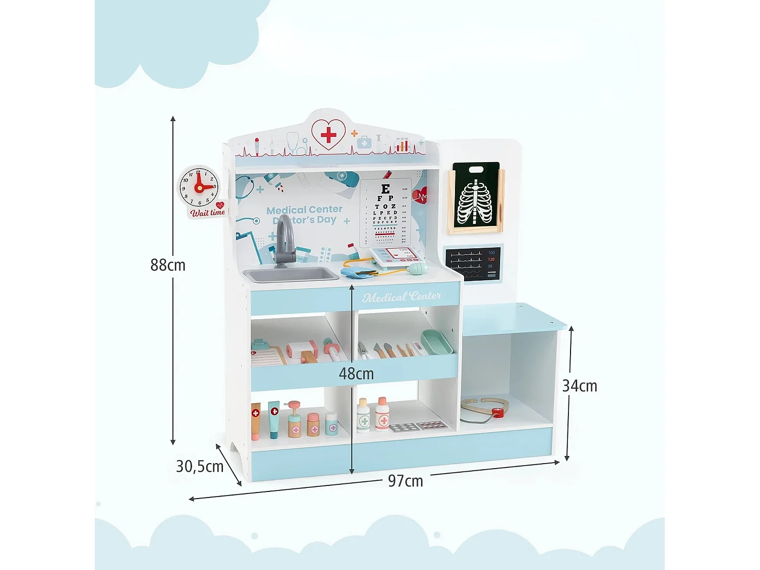 Holz-Doktor-Spielset medizinisches Zentrum für Kinder mit Uhr Waschbecken Sehtesttafel EKG-Monitor Blau
