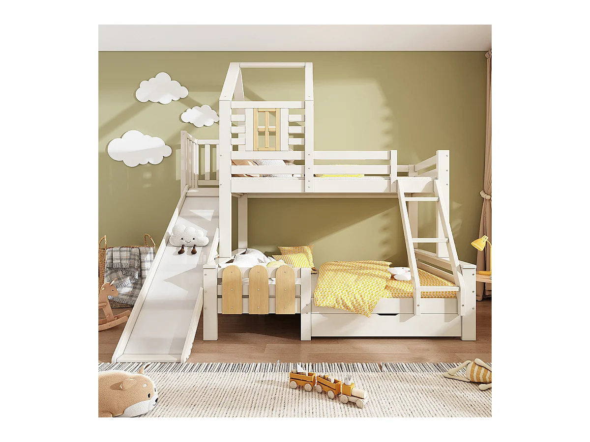Kinderbett mit Schublade Rutsche und Leiter Etagenbett Jugendbett Hochbett 90x200 & 140x200cm Weiß