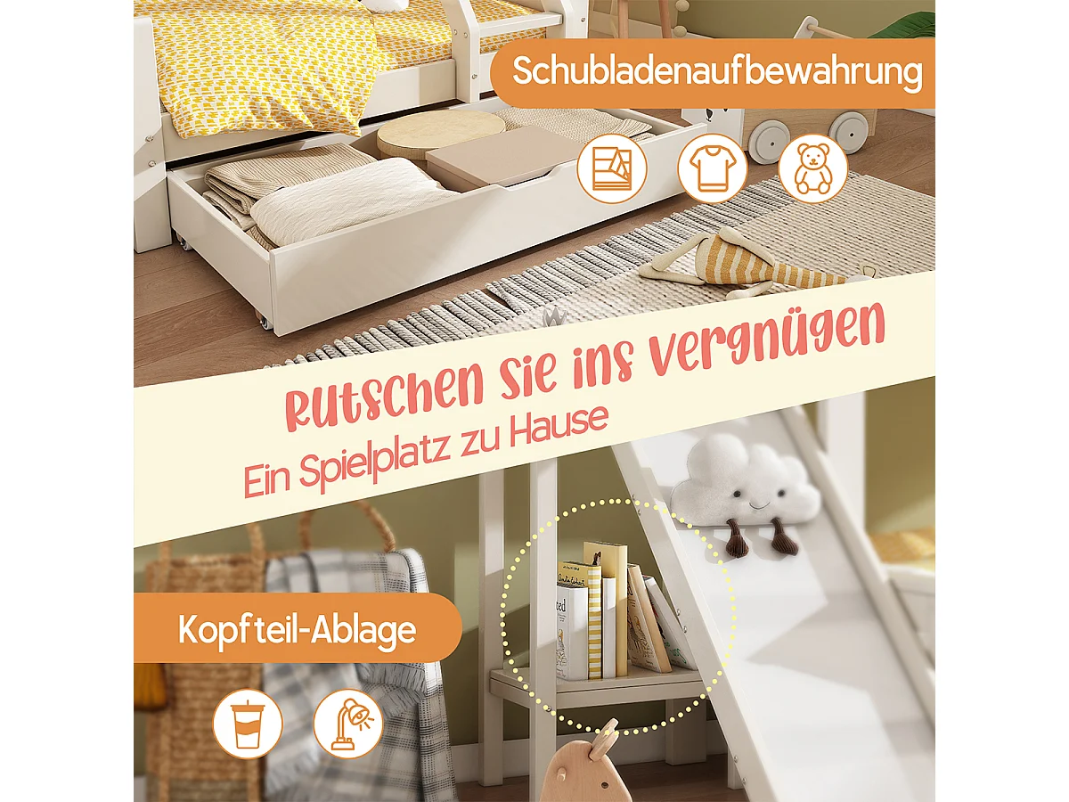 Kinderbett mit Schublade Rutsche und Leiter Etagenbett Jugendbett Hochbett 90x200 & 140x200cm Weiß