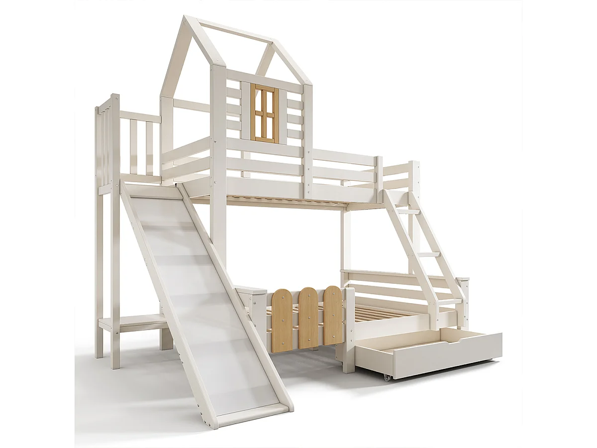 Kinderbett mit Schublade Rutsche und Leiter Etagenbett Jugendbett Hochbett 90x200 & 140x200cm Weiß