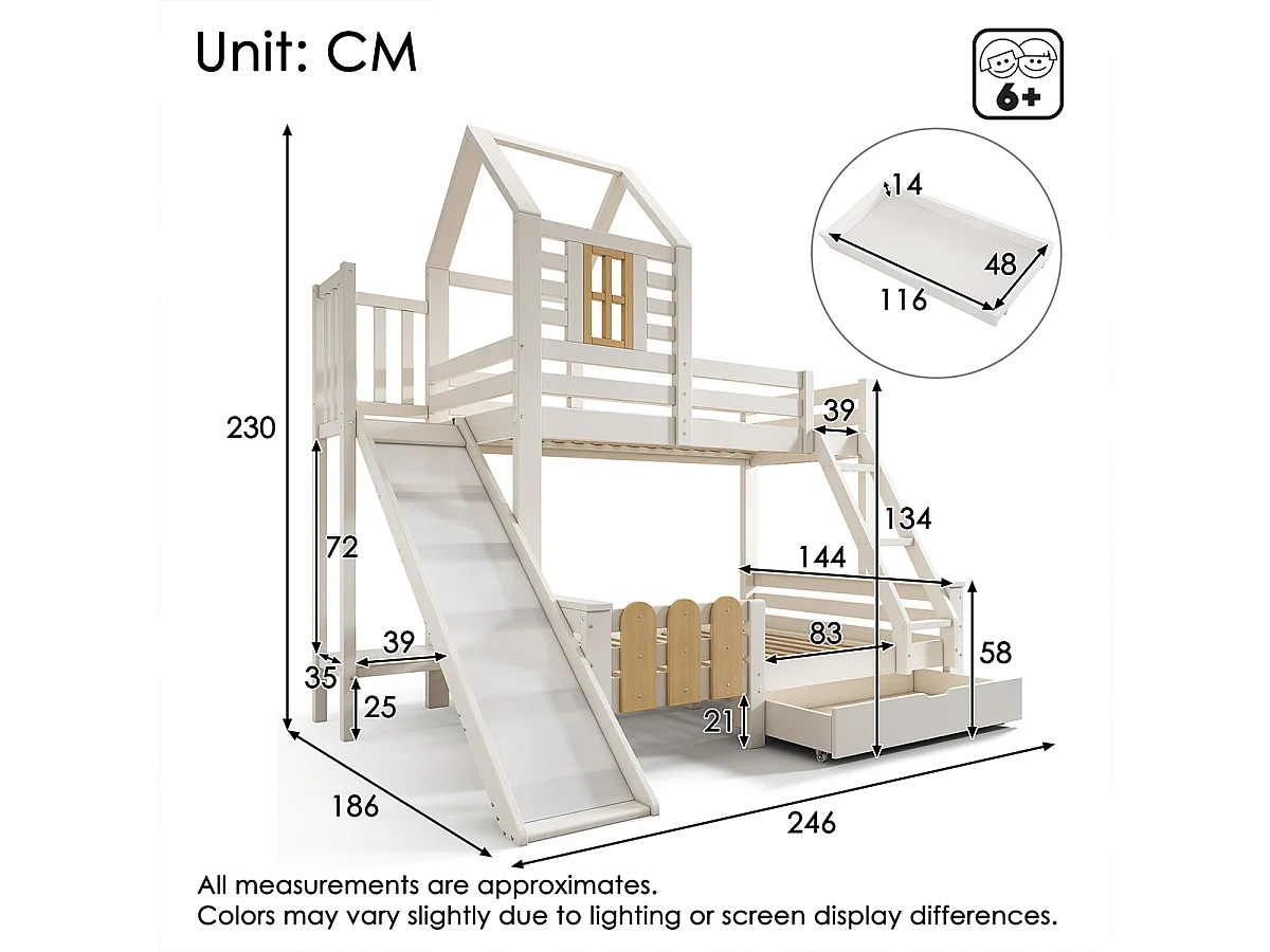 Kinderbett mit Schublade Rutsche und Leiter Etagenbett Jugendbett Hochbett 90x200 & 140x200cm Weiß