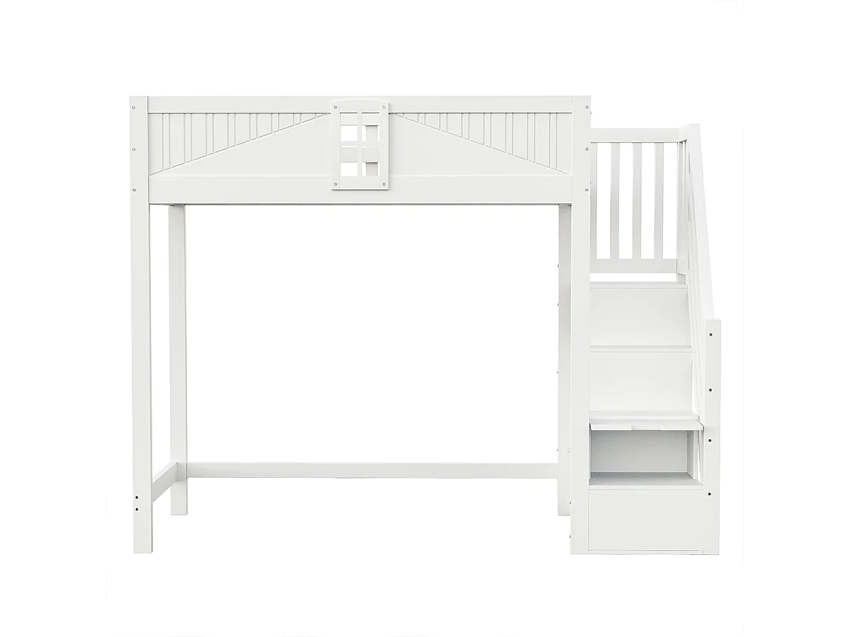 Hochbett mit Fenster und Ablage-Sicherheitsleiter Multifunktionsbett Kinderbett Einzelbett 90x200 cm