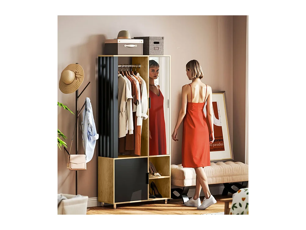 Kleiderschrank mit Spiegel und Hängestange, Schuhschränke, Aufbewahrungsfächer, offene Ablageflächen