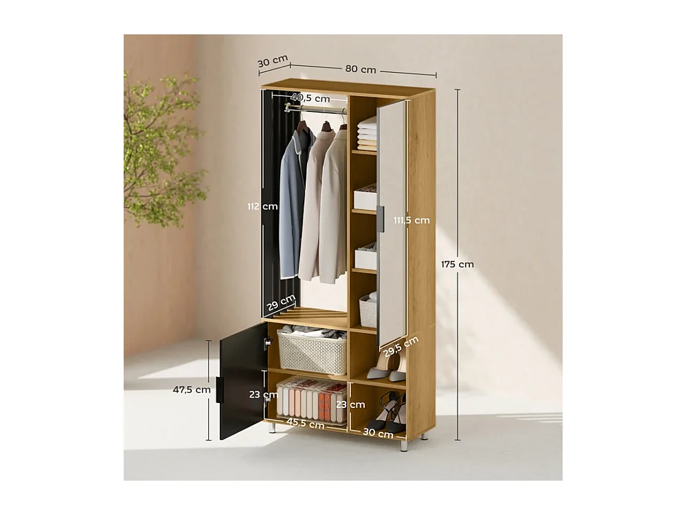 Kleiderschrank mit Spiegel und Hängestange, Schuhschränke, Aufbewahrungsfächer, offene Ablageflächen