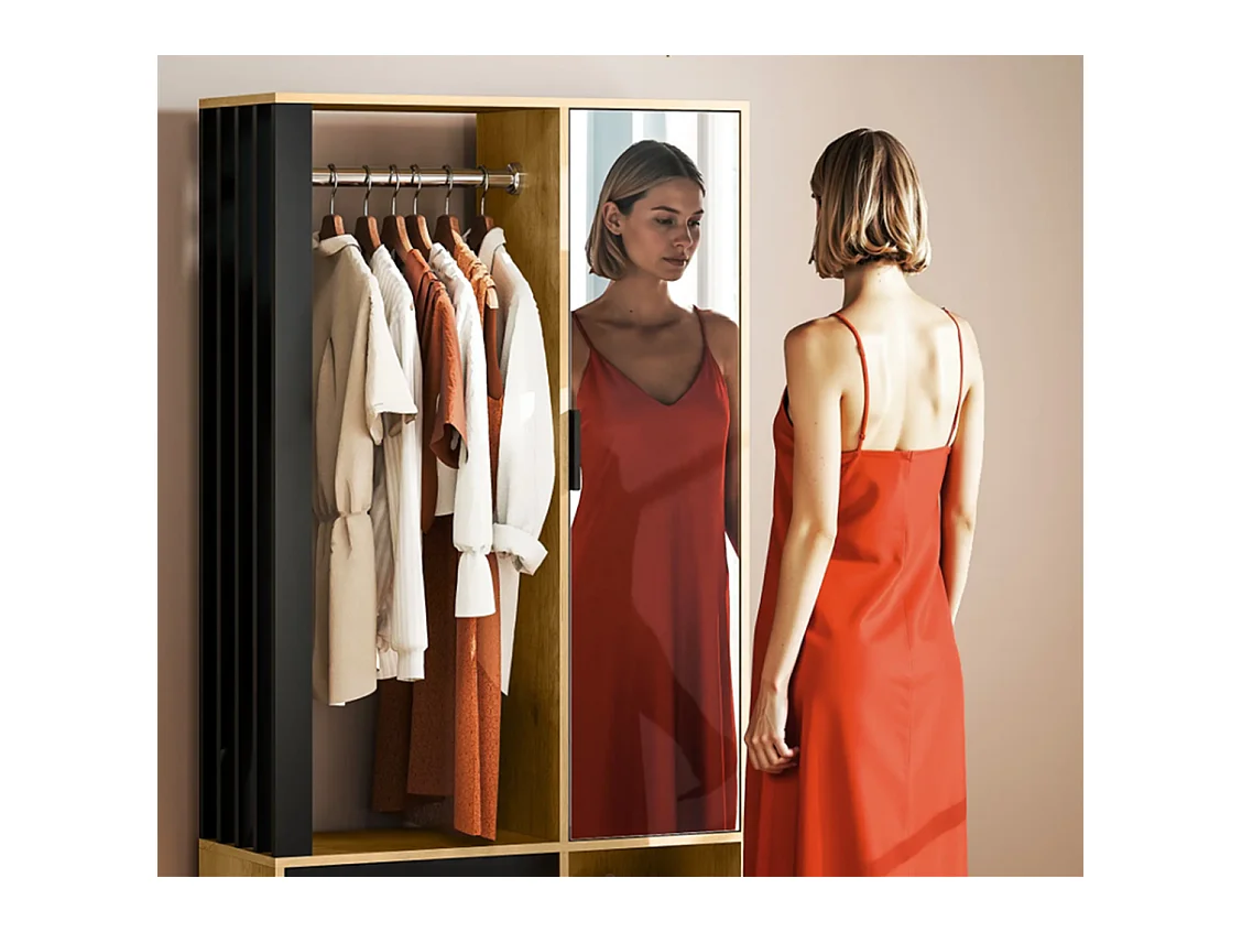 Kleiderschrank mit Spiegel und Hängestange, Schuhschränke, Aufbewahrungsfächer, offene Ablageflächen