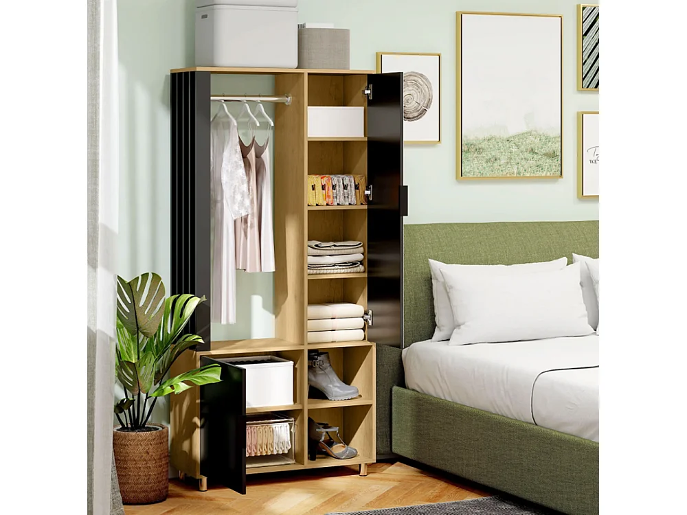 Kleiderschrank mit Spiegel und Hängestange, Schuhschränke, Aufbewahrungsfächer, offene Ablageflächen