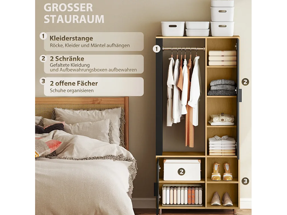 Kleiderschrank mit Spiegel und Hängestange, Schuhschränke, Aufbewahrungsfächer, offene Ablageflächen