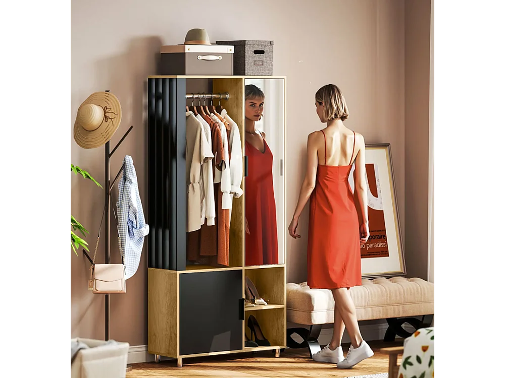 Kleiderschrank mit Spiegel und Hängestange, Schuhschränke, Aufbewahrungsfächer, offene Ablageflächen