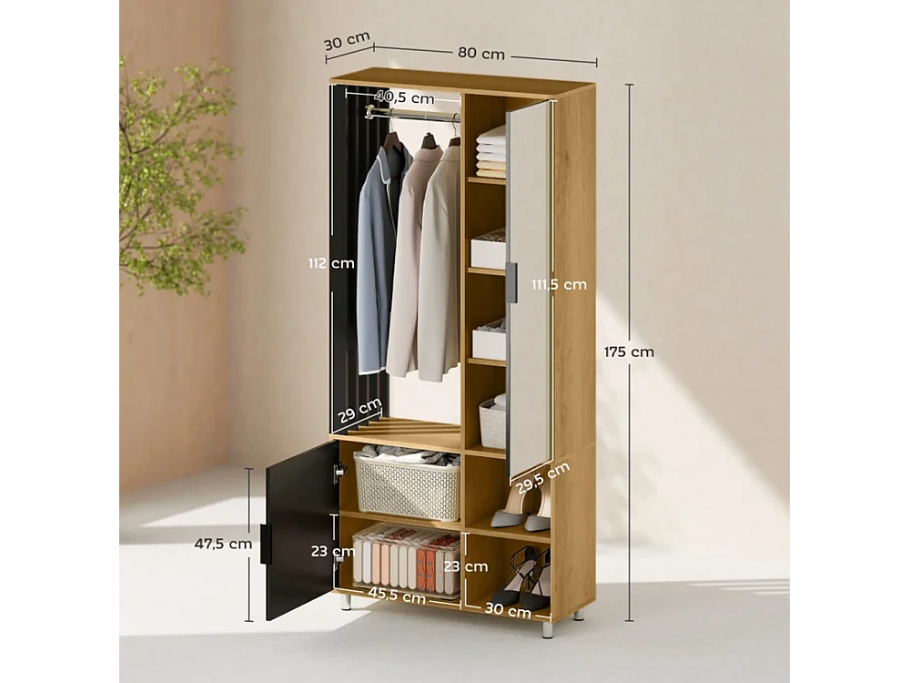 Kleiderschrank mit Spiegel und Hängestange, Schuhschränke, Aufbewahrungsfächer, offene Ablageflächen