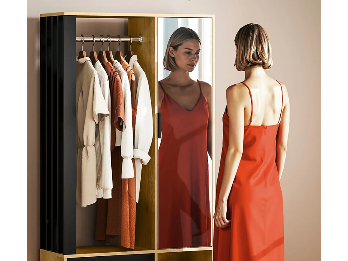 Kleiderschrank mit Spiegel und Hängestange, Schuhschränke, Aufbewahrungsfächer, offene Ablageflächen