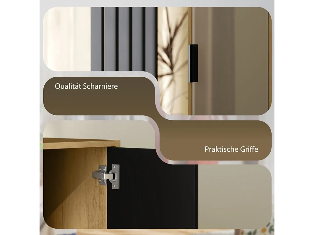 Kleiderschrank mit Spiegel und Hängestange, Schuhschränke, Aufbewahrungsfächer, offene Ablageflächen