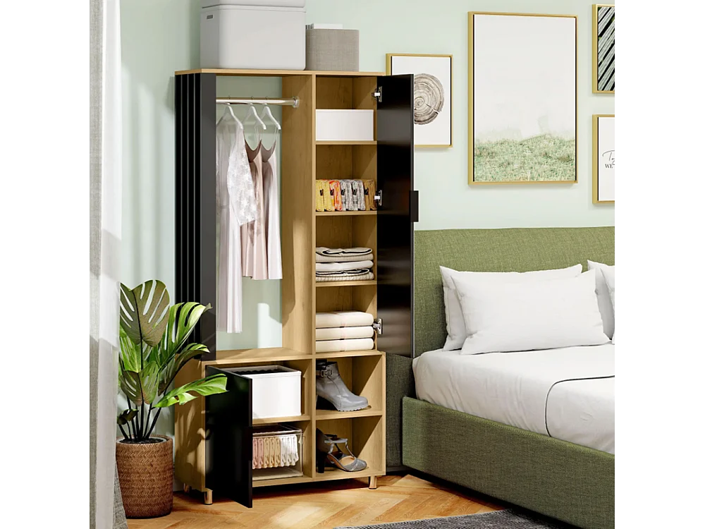 Kleiderschrank mit Spiegel und Hängestange, Schuhschränke, Aufbewahrungsfächer, offene Ablageflächen