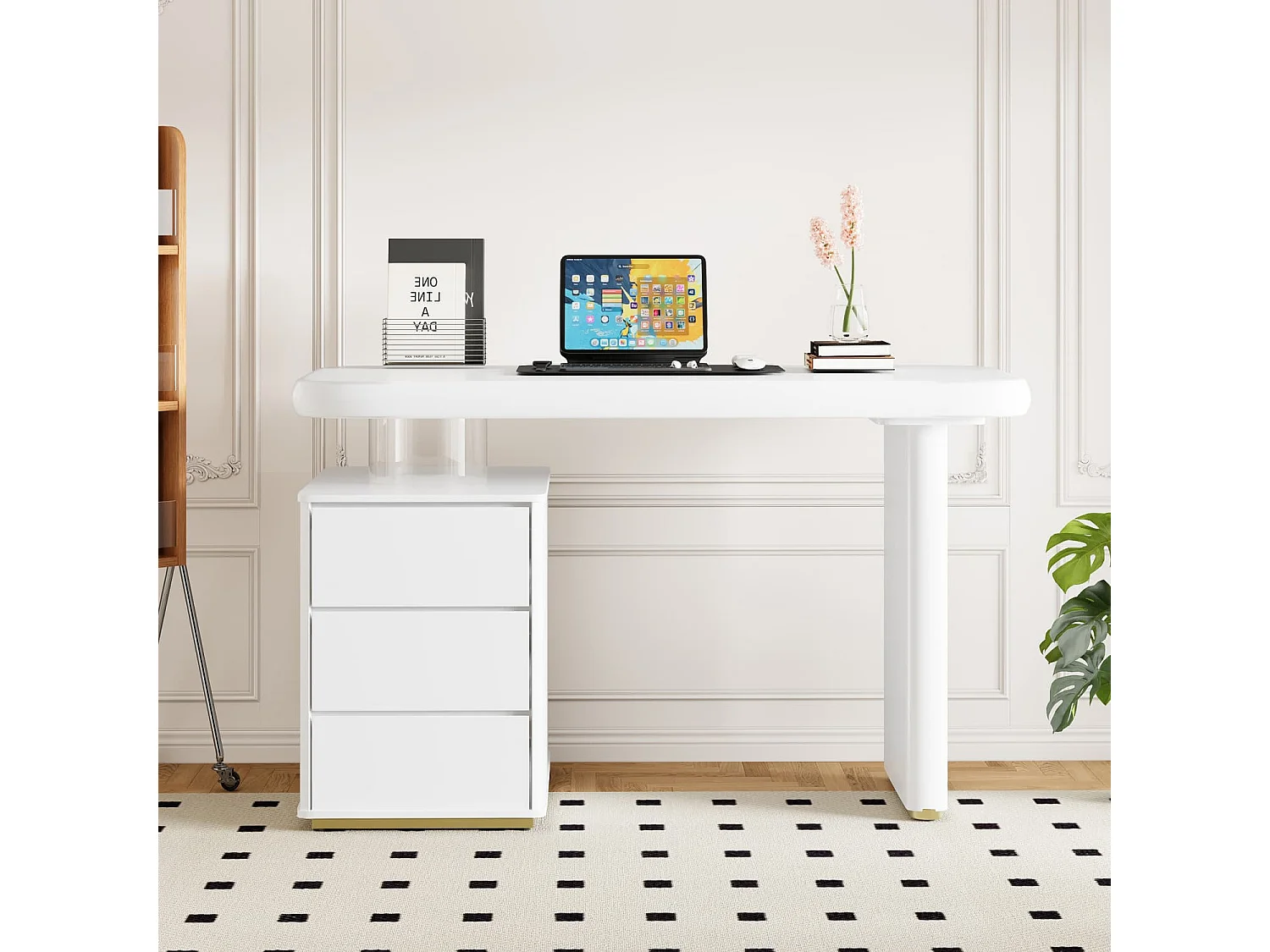 Moderner Schreibtisch,117×50×74cm,Voll-Lackierung,Wolkenform,3 Schubladen,verdickte Tischplatte und Beine,abgerundete Kurven,stabiler schreibtisch