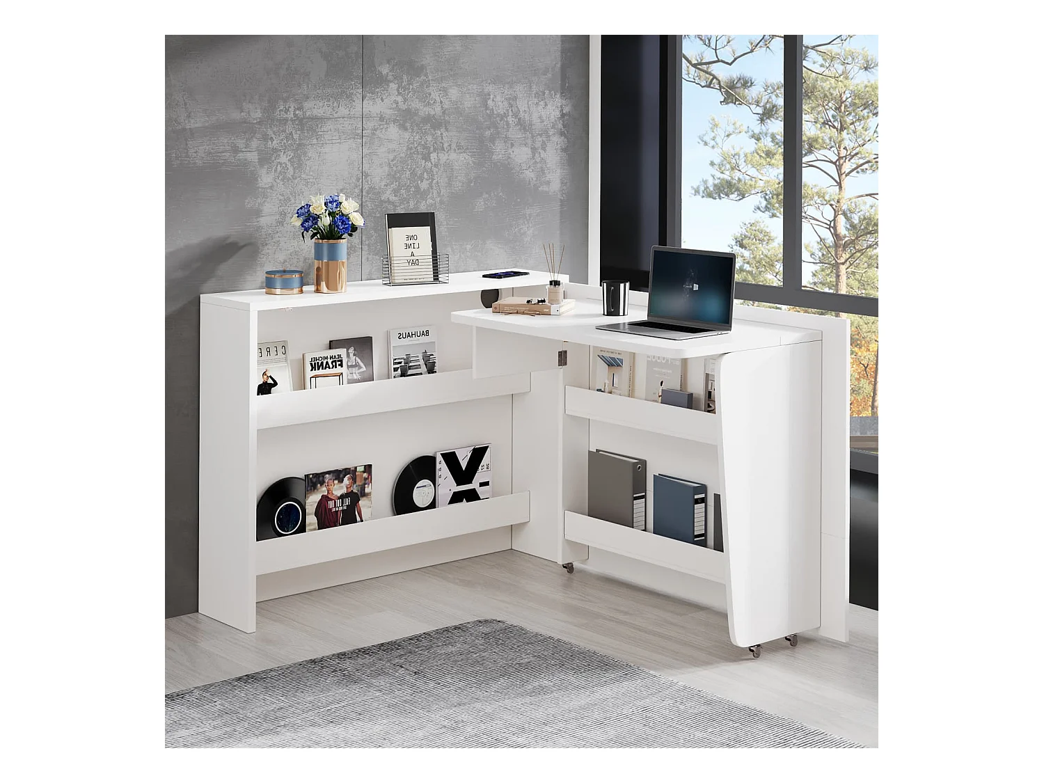 Faltbarer Schreibtisch mit Rollen+Wireless Charger,2 in 1 Sideboard/Arbeitsplatz,115×27×93 cm geschlossen,mit Regal+Anti-Kipp,Rollen mit Bremse