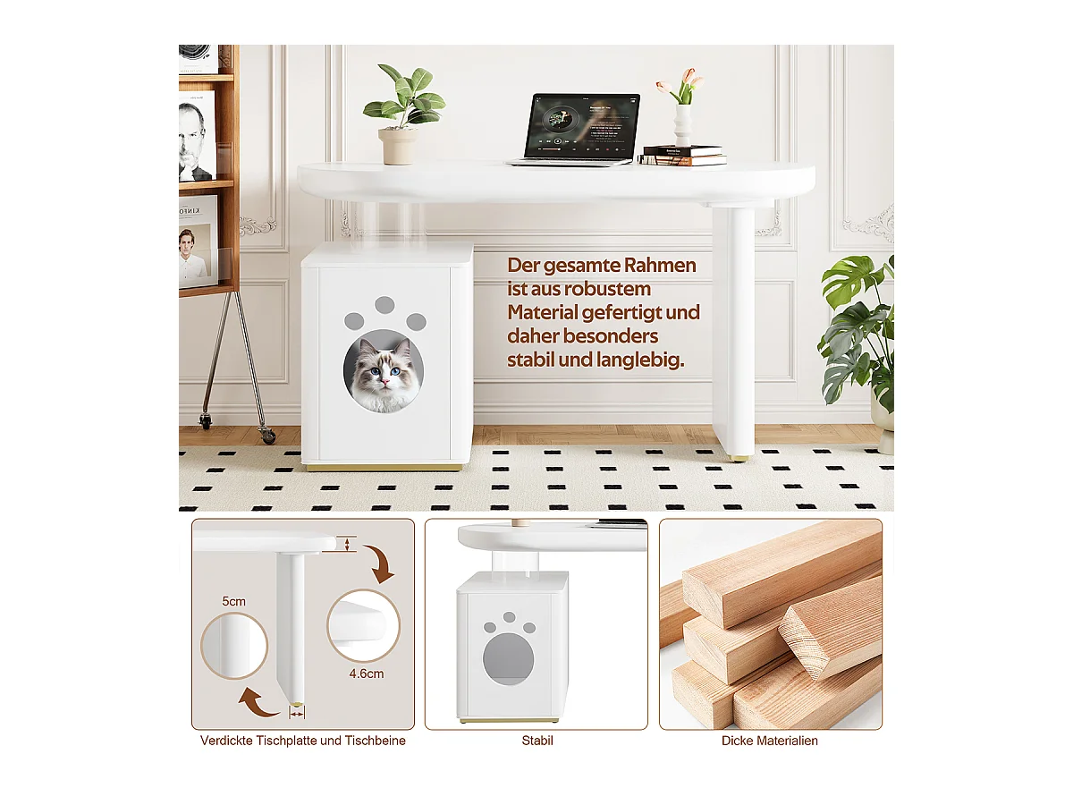 Schreibtisch mit Haustierbett Stabil und Modern Computer-Schreibtisch Haustiergrößen M–XL 117 × 50 × 76 cm Weiß