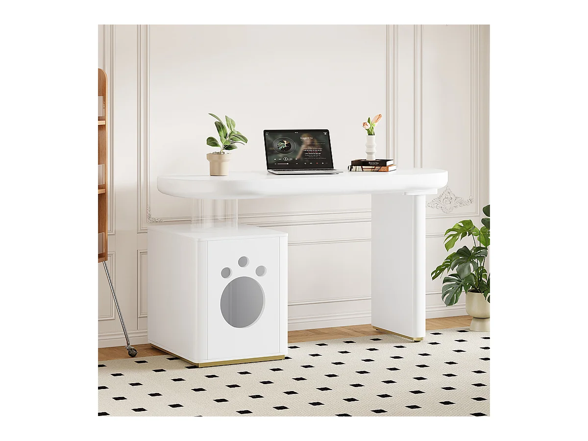Schreibtisch mit Haustierbett Stabil und Modern Computer-Schreibtisch Haustiergrößen M–XL 117 × 50 × 76 cm Weiß