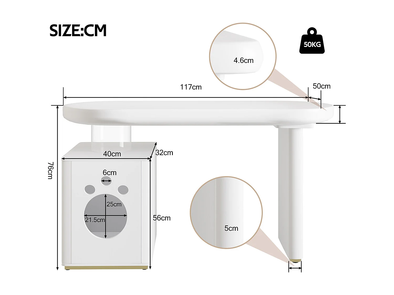 Schreibtisch mit Haustierbett Stabil und Modern Computer-Schreibtisch Haustiergrößen M–XL 117 × 50 × 76 cm Weiß