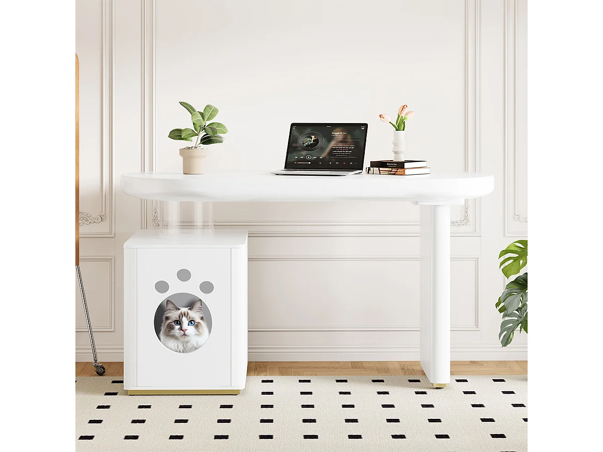 Schreibtisch mit Haustierbett Stabil und Modern Computer-Schreibtisch Haustiergrößen M–XL 117 × 50 × 76 cm Weiß