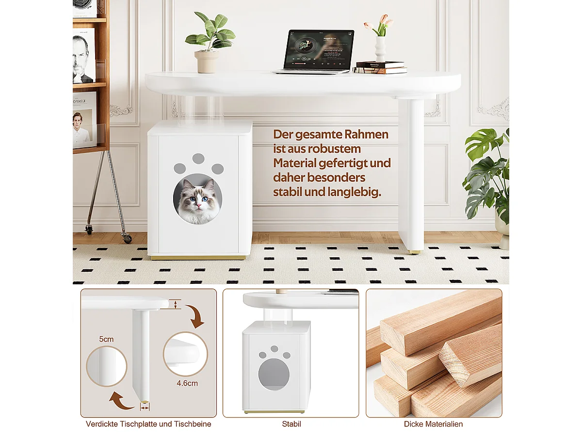 Schreibtisch mit Haustierbett Stabil und Modern Computer-Schreibtisch Haustiergrößen M–XL 117 × 50 × 76 cm Weiß