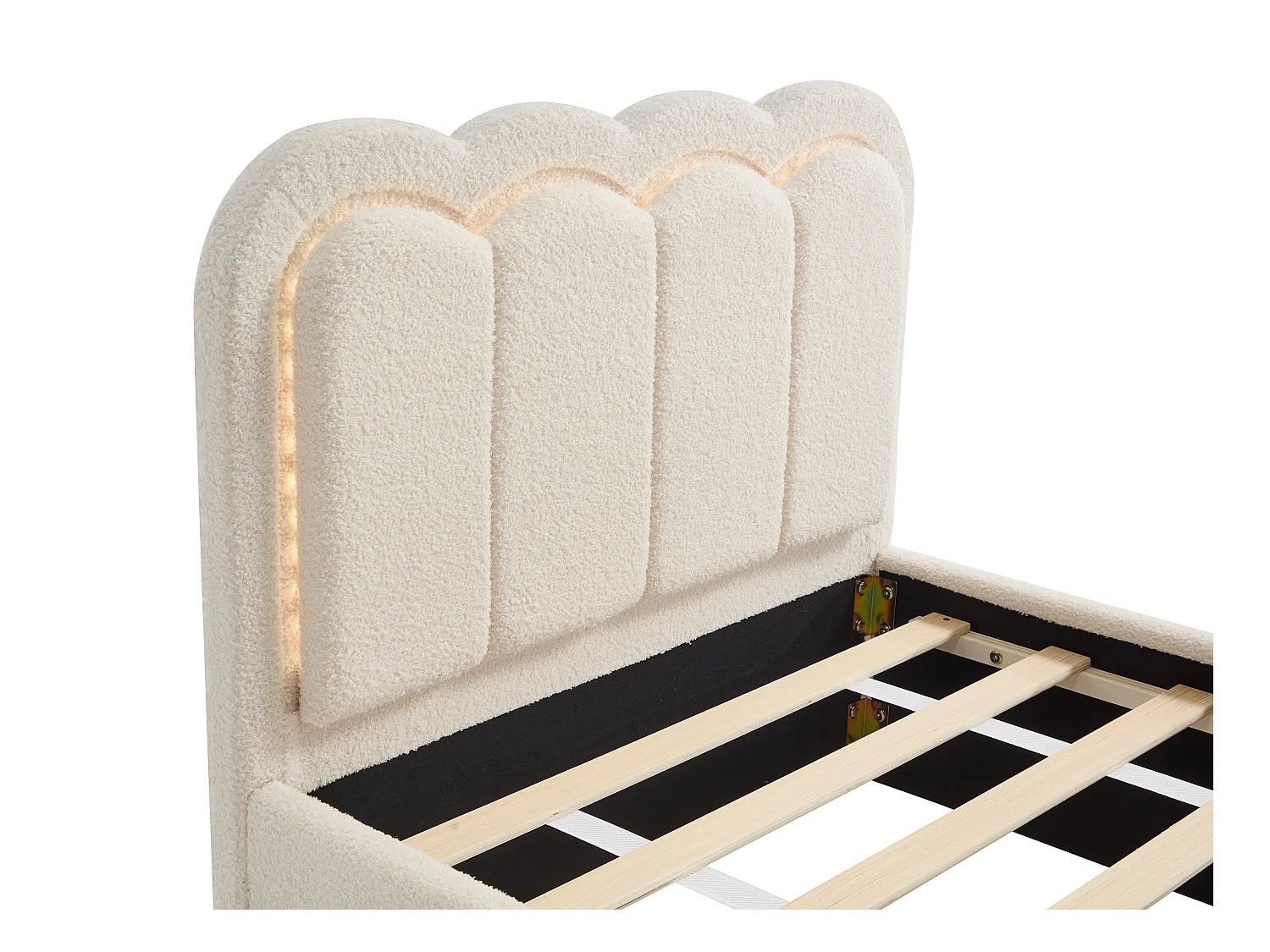 Seng 90 x 190 cm med 2 skuffer - Med LED-lys - Bouclé-stoff - Kremfarget + Madrass - NESTIAKO