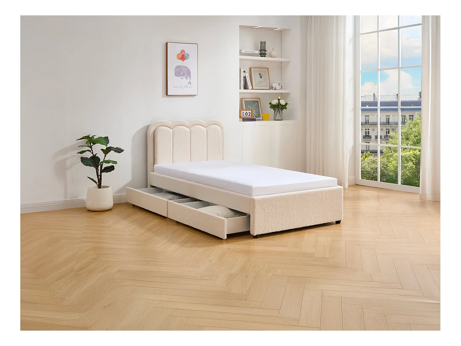 Seng 90 x 190 cm med 2 skuffer - Med LED-lys - Bouclé-stoff - Kremfarget + Madrass - NESTIAKO