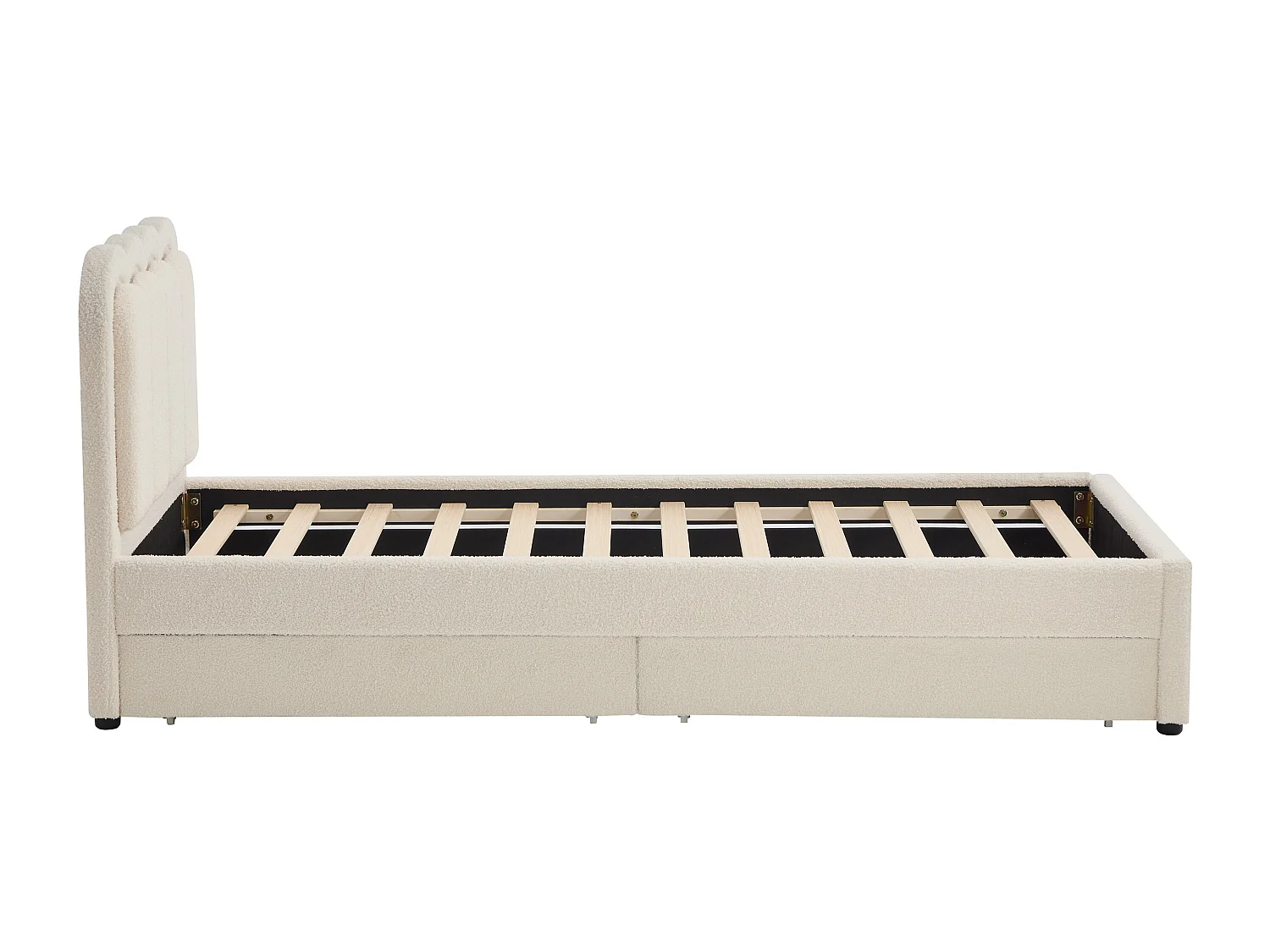 Seng 90 x 190 cm med 2 skuffer - Med LED - Bouclé stof - Creme + Madras - NESTIAKO