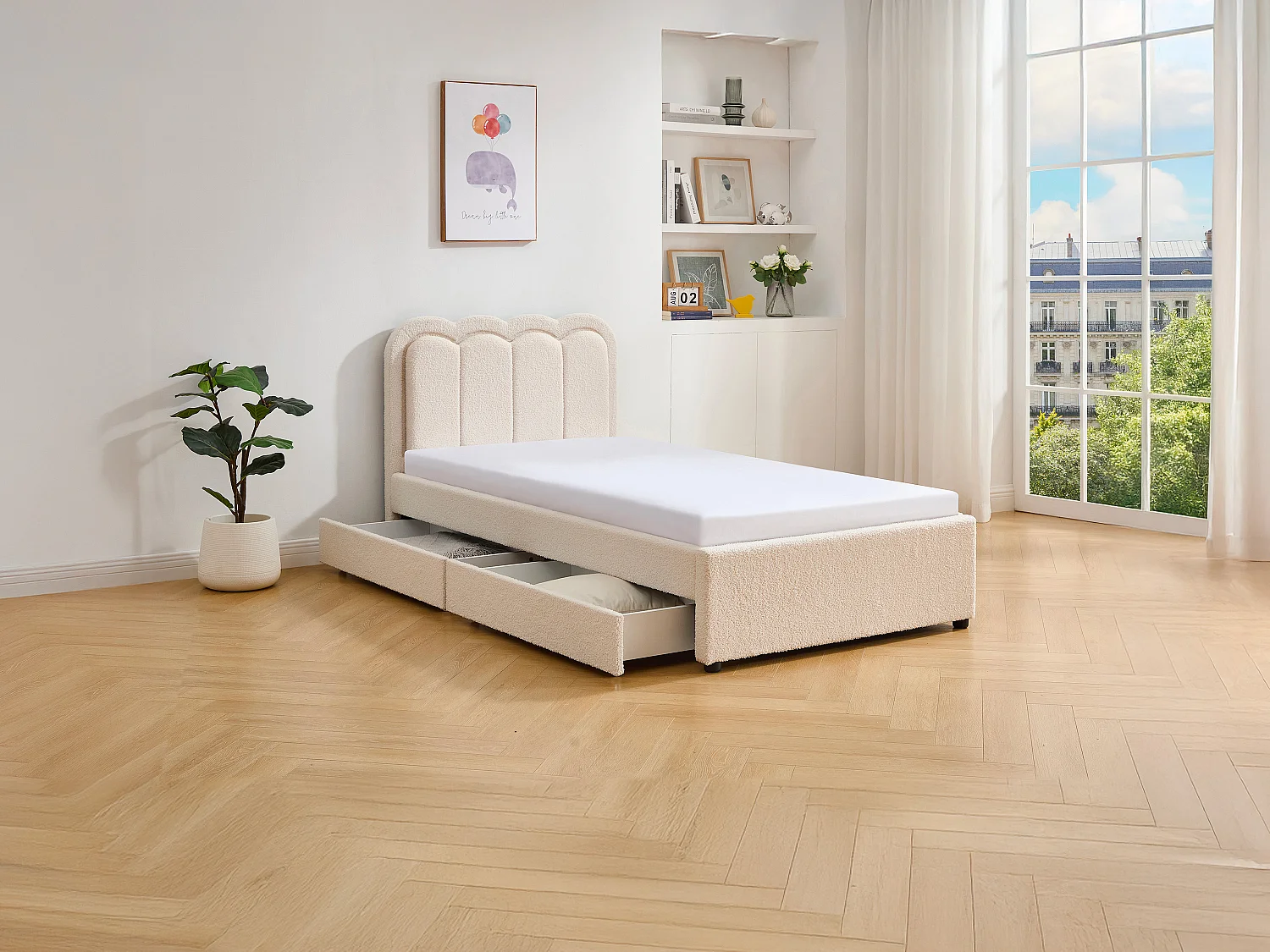 Seng 90 x 190 cm med 2 skuffer - Med LED - Bouclé stof - Creme + Madras - NESTIAKO