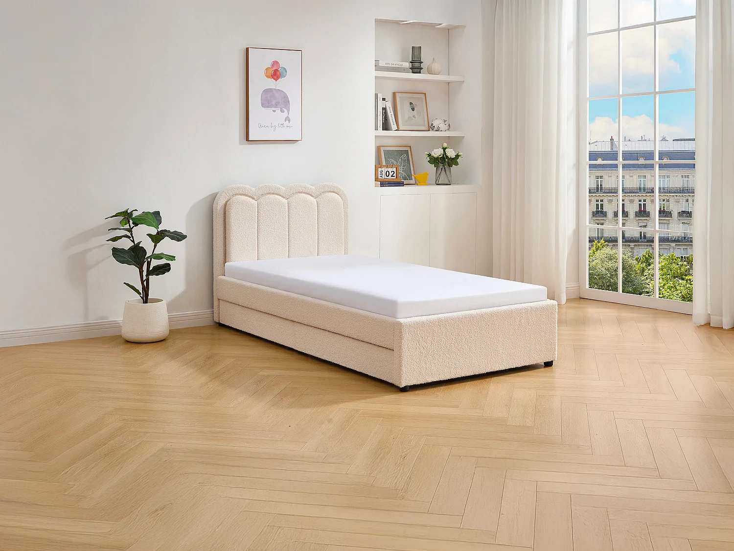 Seng 90 x 190 cm med 2 skuffer - Med LED - Bouclé stof - Creme + Madras - NESTIAKO