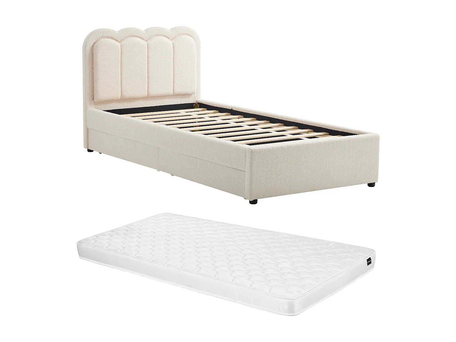 Seng 90 x 190 cm med 2 skuffer - Med LED - Bouclé stof - Creme + Madras - NESTIAKO