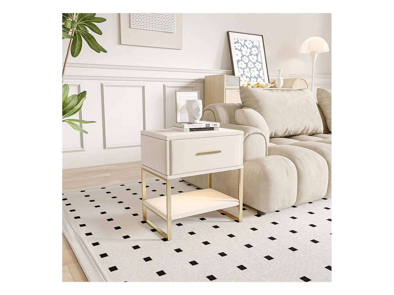 Table de chevet en velours beige avec tiroir, étagère ouverte et éclairage LED RVB – Structure en métal doré