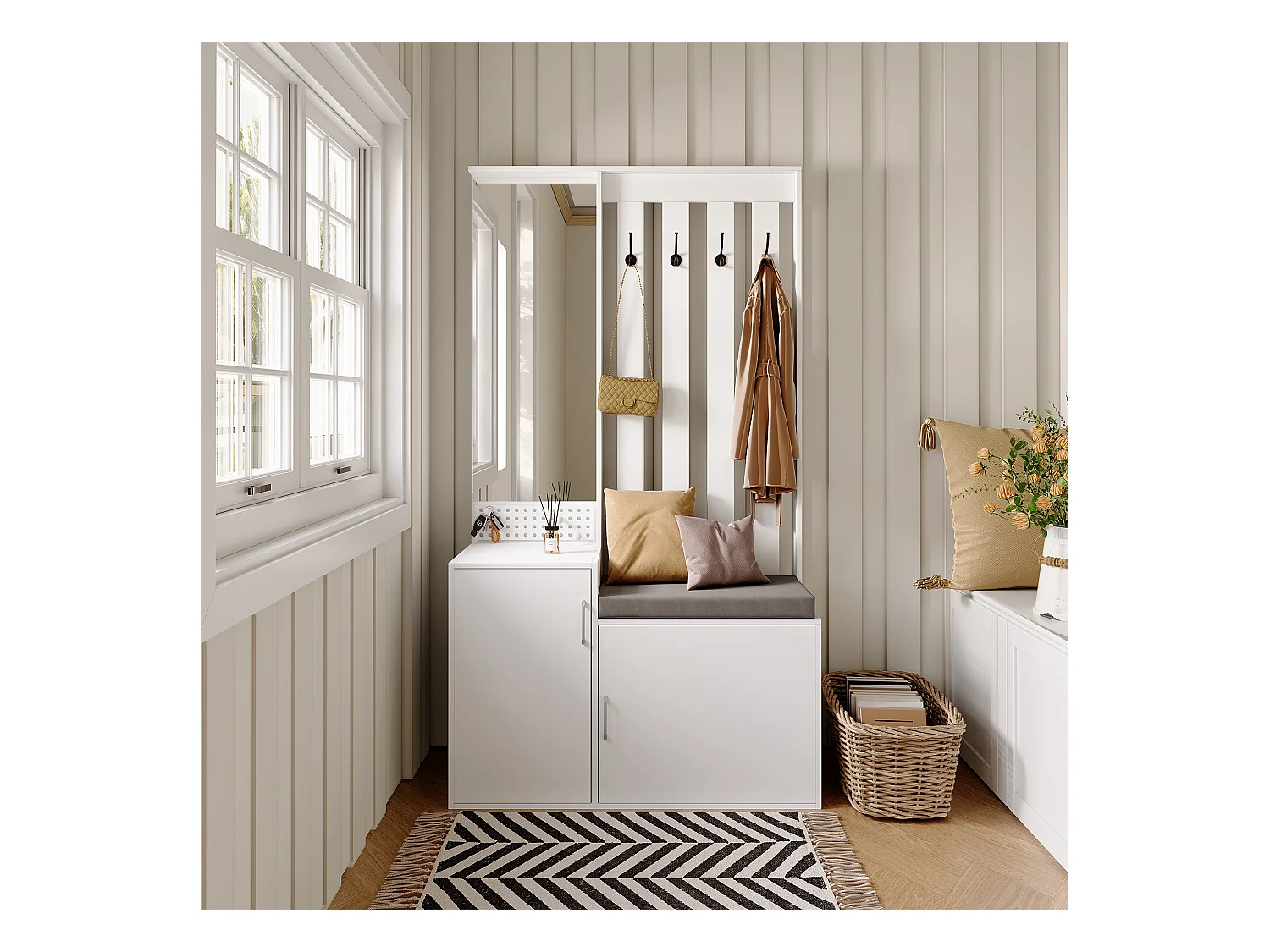 Portemanteau 6 en 1 avec miroir, banc rembourré, étagère à chaussures et crochets – Blanc moderne