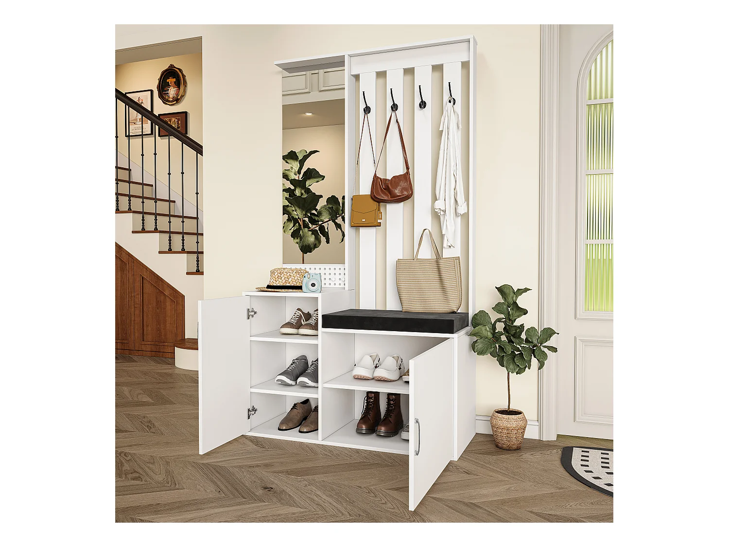 Portemanteau 6 en 1 avec miroir, banc rembourré, étagère à chaussures et crochets – Blanc moderne
