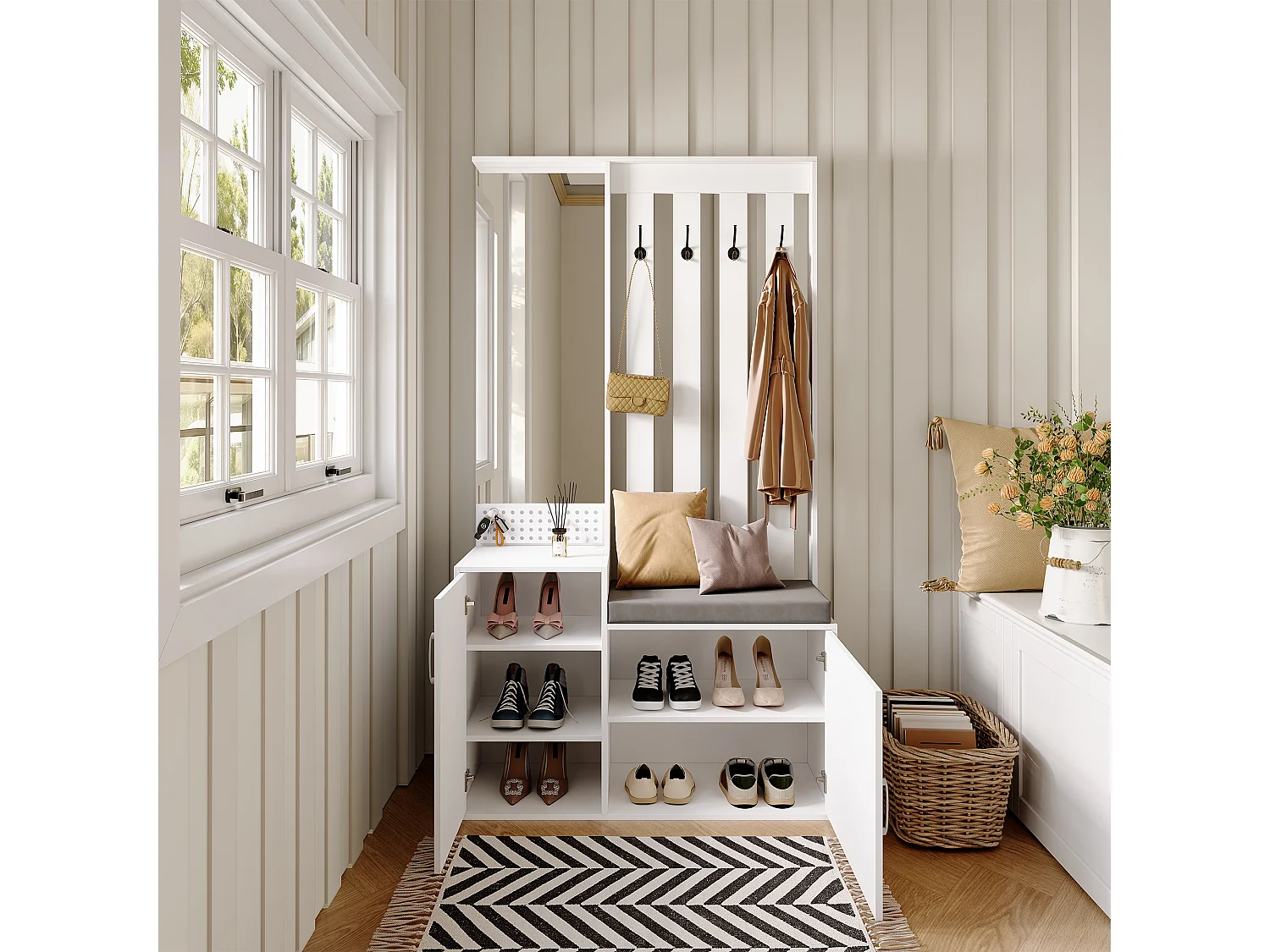 Portemanteau 6 en 1 avec miroir, banc rembourré, étagère à chaussures et crochets – Blanc moderne