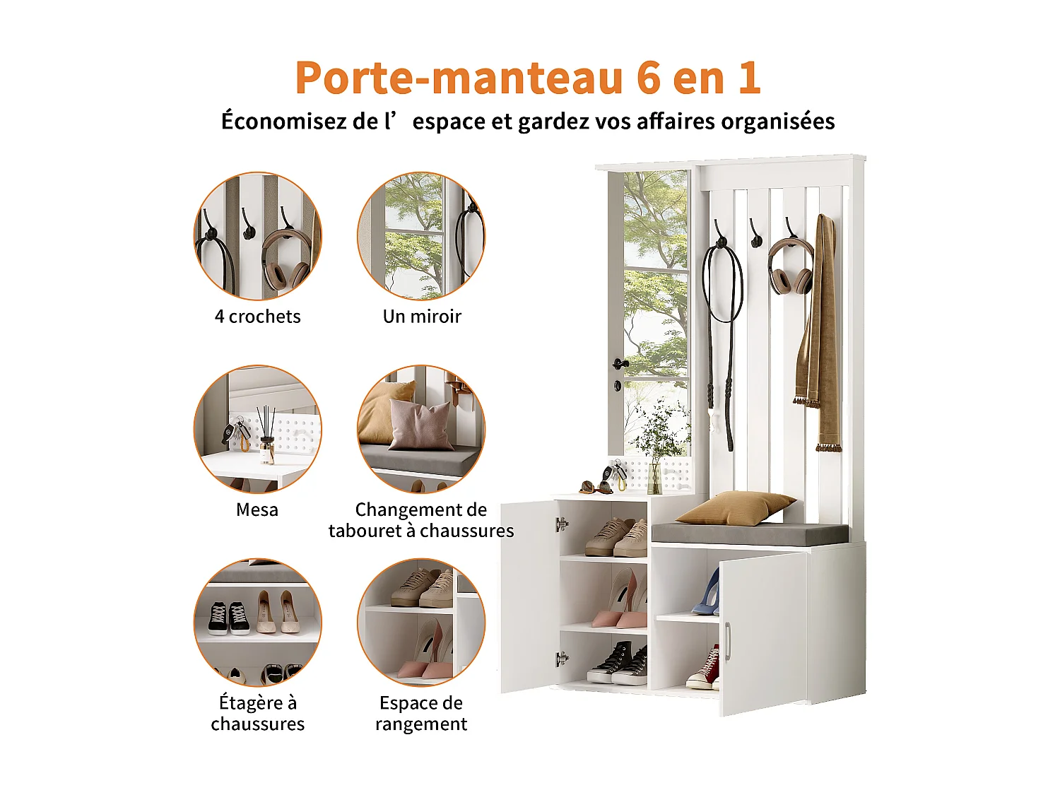 Portemanteau 6 en 1 avec miroir, banc rembourré, étagère à chaussures et crochets – Blanc moderne