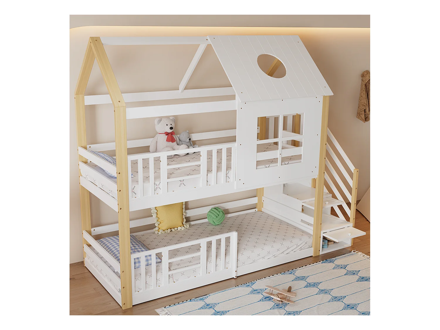 Lit superposé cabane 90x200 cm en pin et MDF blanc/naturel – Escalier avec rangement, barrières, fenêtres et toit