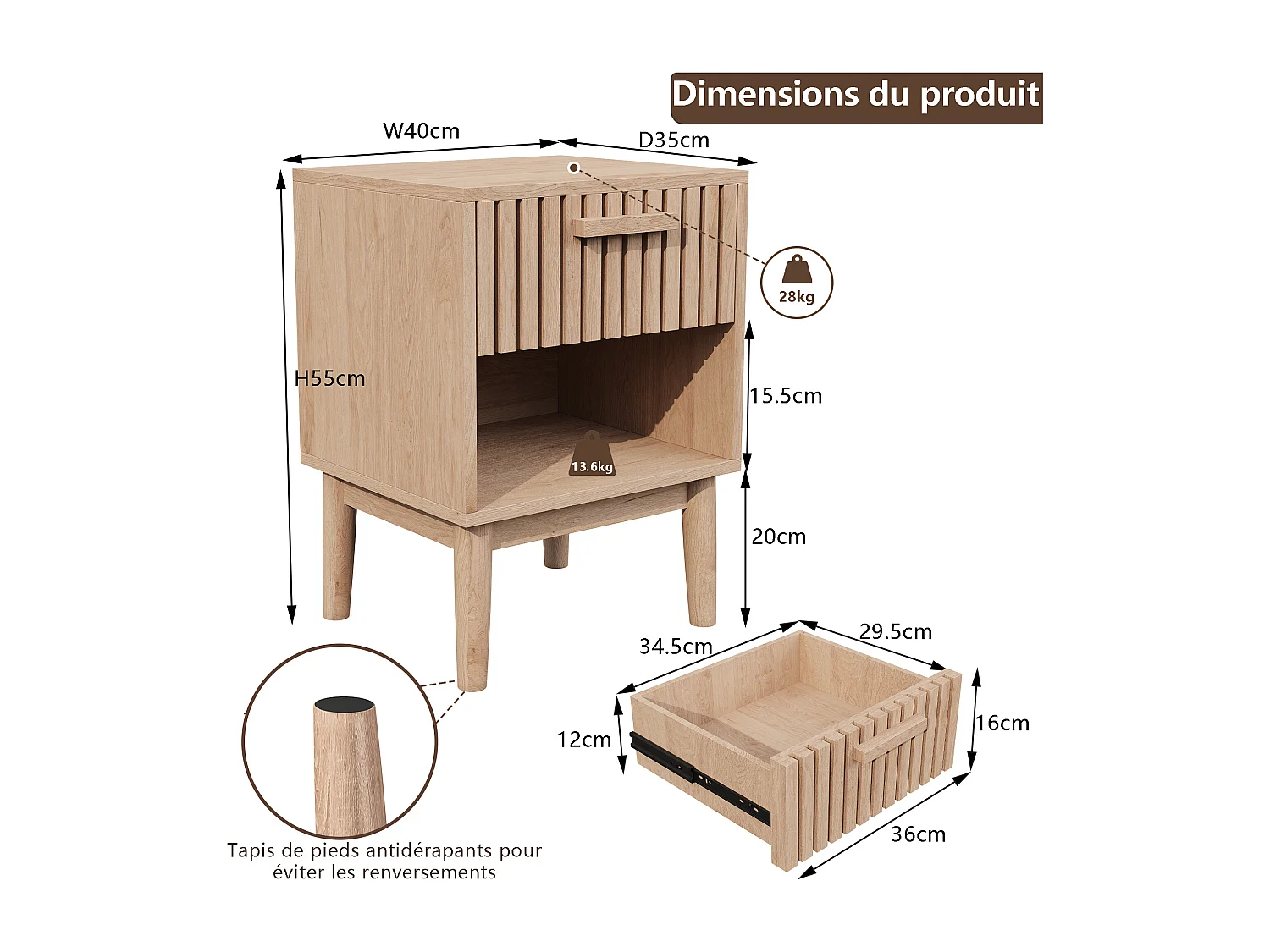 Table de chevet en bois avec 1 tiroir et étagère ouverte, design moderne à panneaux ondulés, 55 x 40 x 35 cm