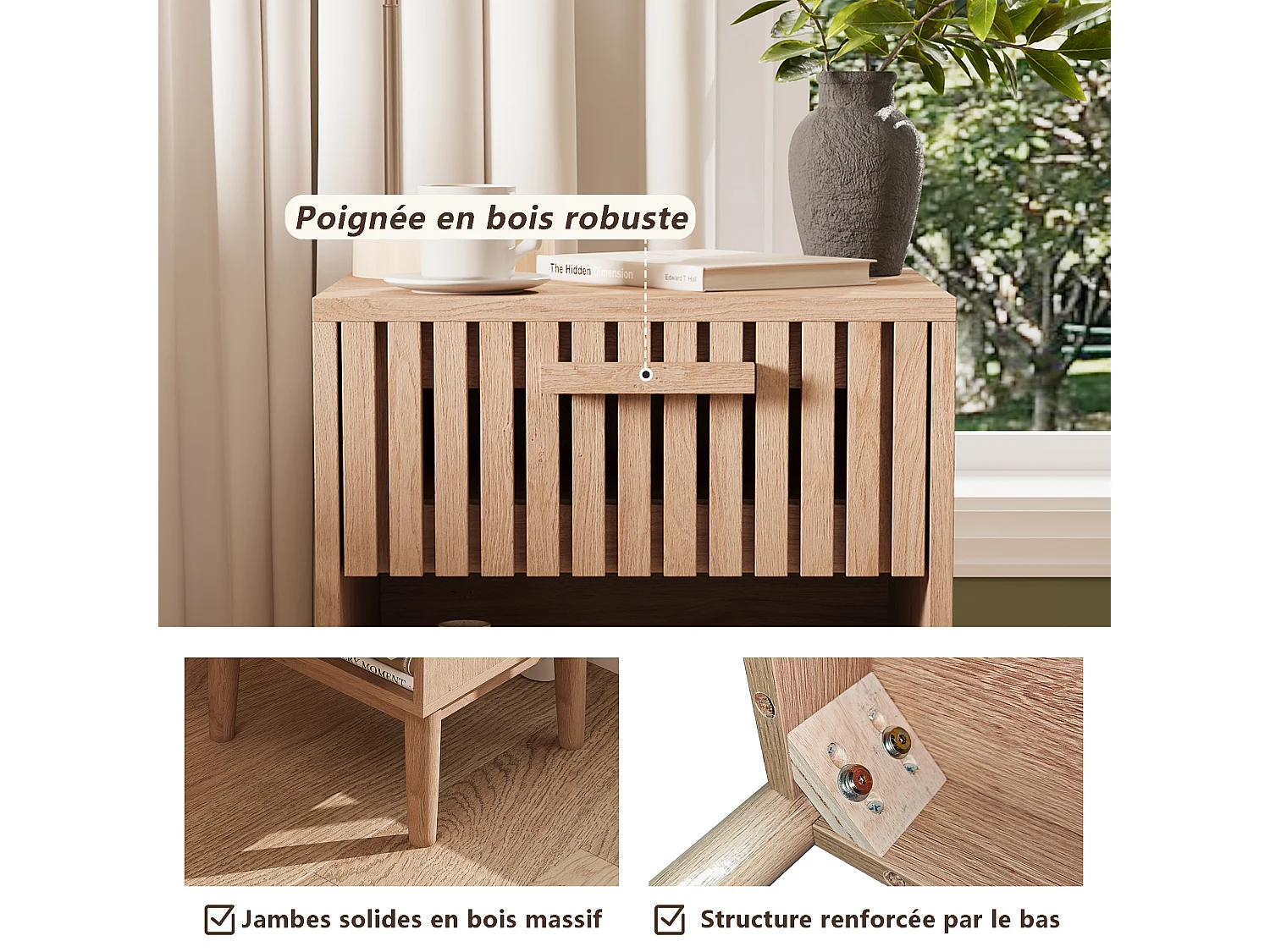 Table de chevet en bois avec 1 tiroir et étagère ouverte, design moderne à panneaux ondulés, 55 x 40 x 35 cm