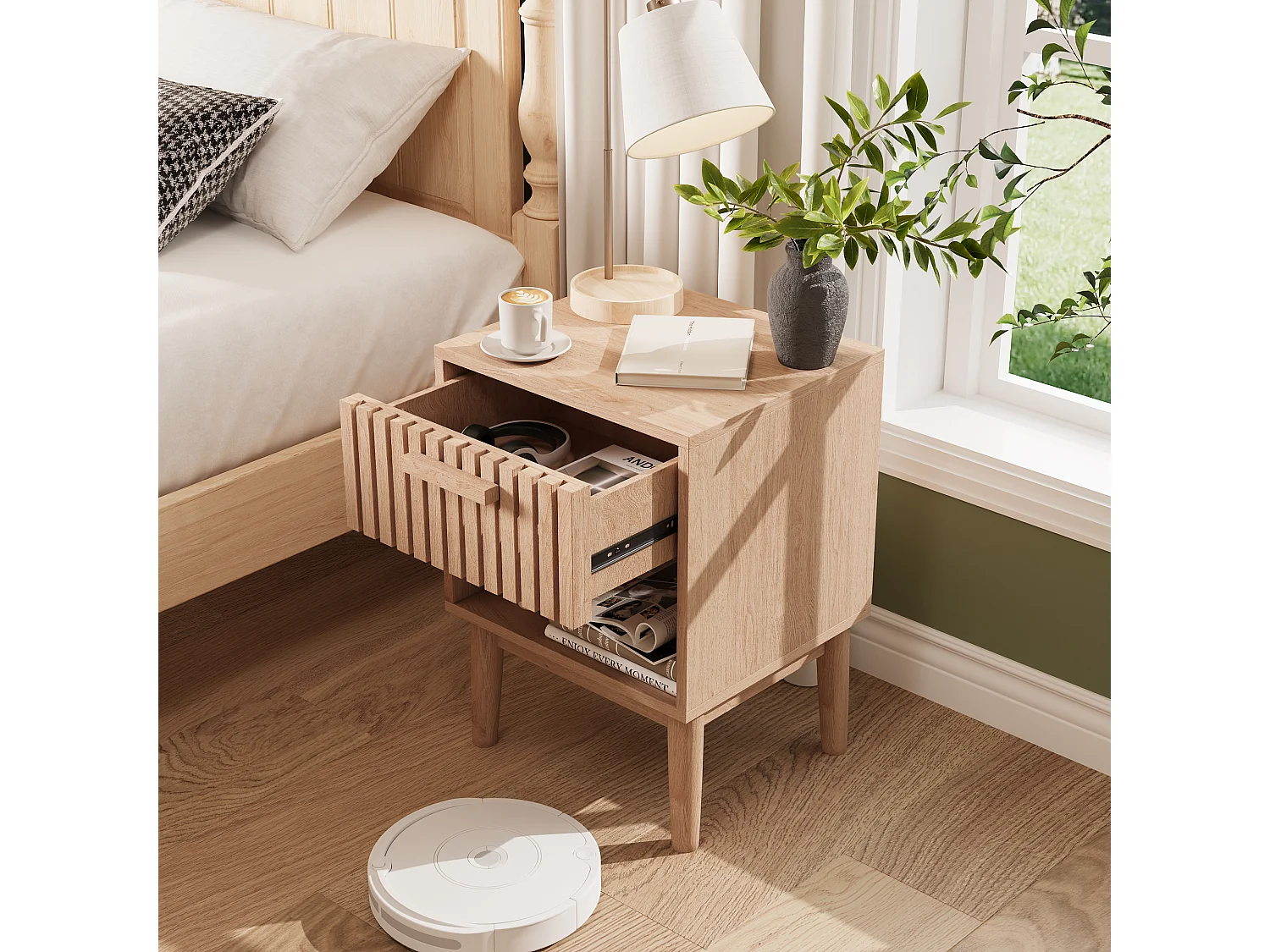 Nachtkastje van hout met 1 lade en open plank, modern golvend paneelontwerp, 55x40x35cm